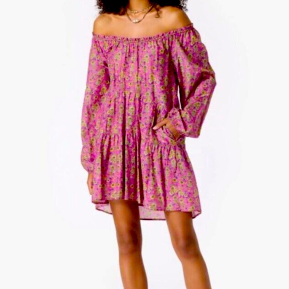 XiRENA Dalyn Mini Dress Small Pink Amethyst Floral Off Shoulder‎ Peasant Silk